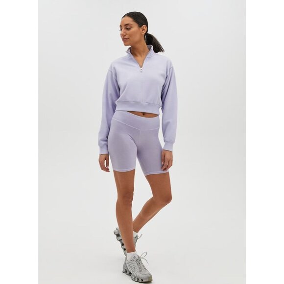 Aritzia TNA Cozy Fleece Beige Cotton 1/4 Zip Perfect Cropped Sweatshirt, Size S - Picture 13 of 16